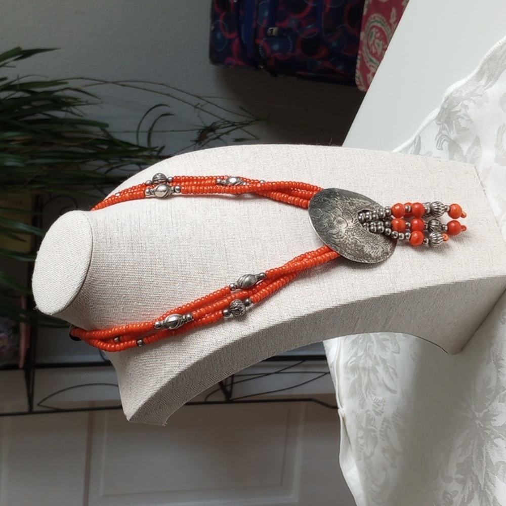 RARE Vintage Yemeni Bedouin Silver Tassel 20in Necklace with Glass Coral beads